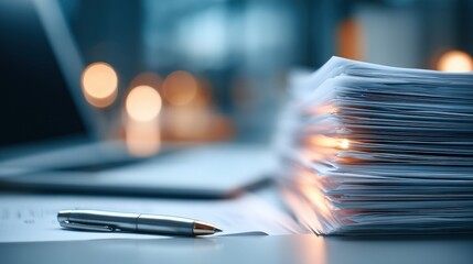 A close-up of a stack of paperwork beside a pen, with a blurred background of a computer and warm lights, suggesting a workspace atmosphere.