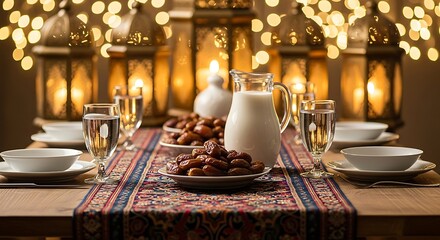 Festive Iftar Table Setting with Dates, Milk, and Ornate Lanterns, Illuminated by Warm Bokeh Lights for Ramadan Celebration