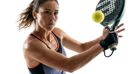 Dynamic female padel player striking the ball, transparent background