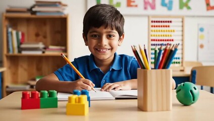 Young student learning writing in classroom for education and school study concept happy and smiling