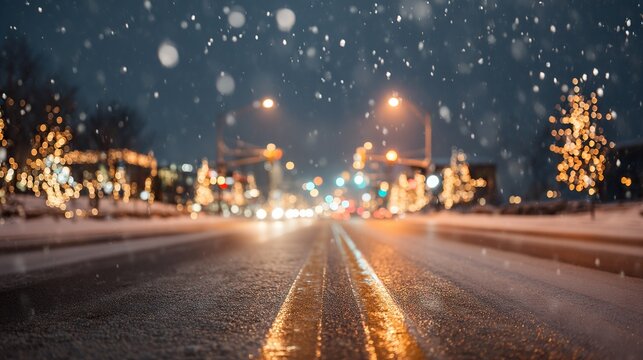 Winter street view with falling white snow, blurred city lights, street lamps, and lined shops and houses. Soft, wintry urban scene capturing snowy night, glowing lights and cozy neighborhood charm.