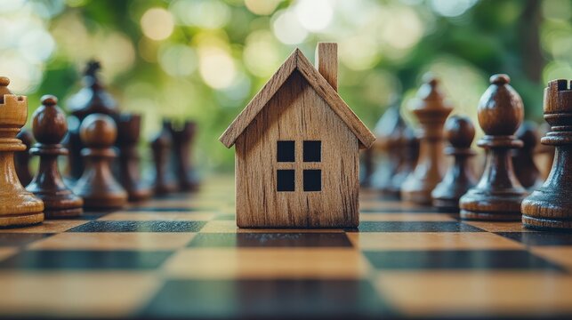 A wooden house model sits on a chessboard surrounded by chess pieces, symbolizing strategy and creativity in a serene outdoor setting.