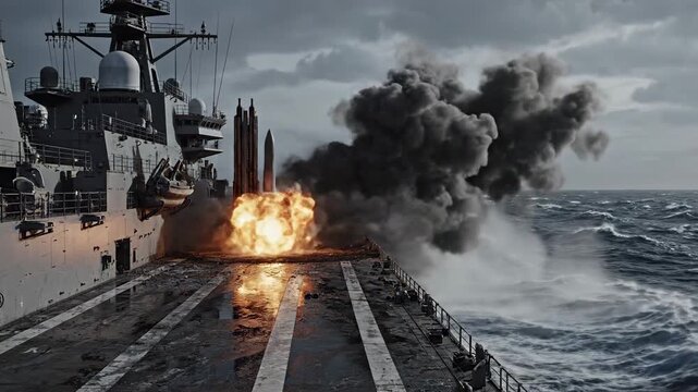 A powerful warship launching a missile from its deck, creating a fiery explosion and dense smoke over rough seas under a dramatic sky.