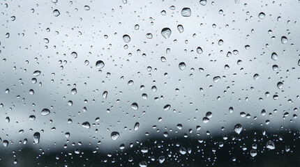 Wet rain drops on clear glass window surface create an abstract water texture pattern with blue tones and liquid droplets
