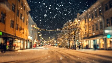 Winter street view with falling white snow, blurred city lights, street lamps, and lined shops and houses. Soft, wintry urban scene capturing snowy night, glowing lights and cozy neighborhood charm.