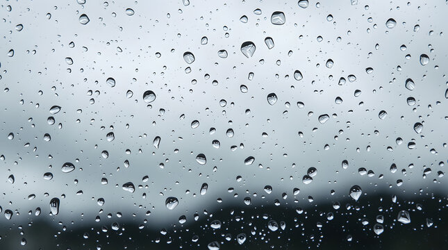Wet rain drops on clear glass window surface create an abstract water texture pattern with blue tones and liquid droplets - Powered by Adobe