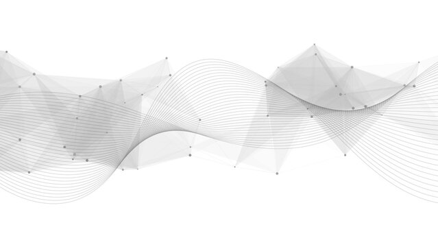 Abstract White Technology Background With Grayscale Wave Mesh with 3D Polygonal Geometry. Futuristic Data Flow Concept, Digital Wireframe, or Sound Wave for Science & Business Presentations.