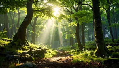 Sunlight streams through lush green trees illuminating a forest path. Moss covers rocks and trunks