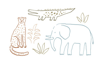 Obraz premium Safari animals cute illustration in doodl style. Outline hand drawn print. African wild animals character