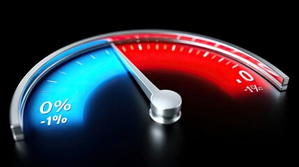 A close-up, low-angle shot of a gauge meter with a needle pointing towards the negative percentage zone. The meter has blue and red sections, indicating differe