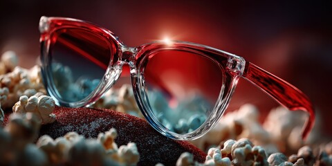 Large bucket of popcorn and sunglasse. The Movies Red sunglasses lying on popcorn with warm cinematic light