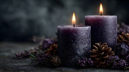 Two purple textured pillar candles burn while surrounded by pine cones and dark foliage in a moody Advent or spiritual theme setting.