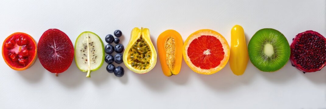 A vibrant lineup of various sliced fruits against a plain white background, showcasing colorful sections