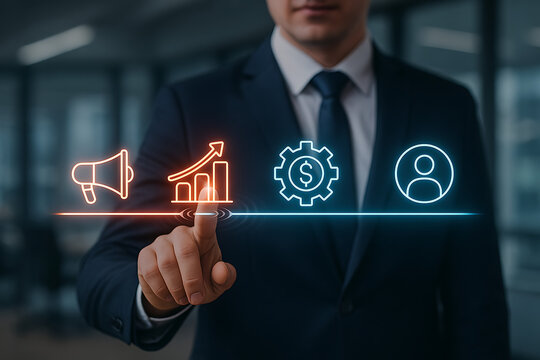 A successful businessman points his finger directly at a glowing holographic interface displaying vital augmented reality icons representing marketing, financial growth, user experience