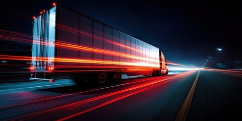Semi-trailer truck speeding on a highway at night with red light trails.