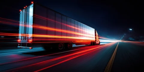 Fotobehang Snelweg bij nacht Semi-trailer truck speeding on a highway at night with red light trails.  © MNStudio