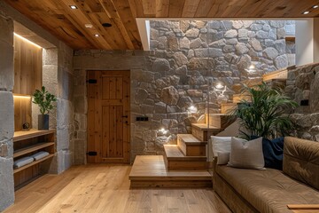 Cozy Entrance Hall: Wooden Staircase and Stone Wall - Rustic Interior Design, Modern Home Decor Inspiration