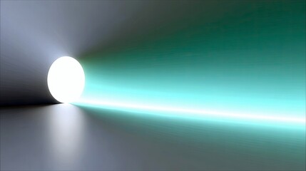 A bright, white sphere emits light from a dark tunnel, casting rays into a teal-colored space with a bright horizontal light beam.