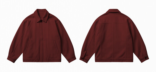 Dark Red Zip-Up Canvas Jacket Mockup Front and Back View Isolated on White Background