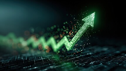 A digital illustration of a green upward arrow composed of particles, symbolizing growth or progress against a dark, tech-inspired background.
