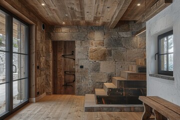 Home Interior: Rustic Hallway with Wooden Staircase and Stone Wall - Modern Entrance Design, Cozy Doorway Decor