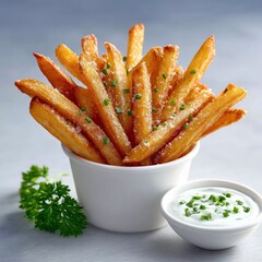 A serving of golden-brown french fries seasoned with parmesan cheese and chives, presented in a white paper cup. A small bowl of creamy dip, also garnished with