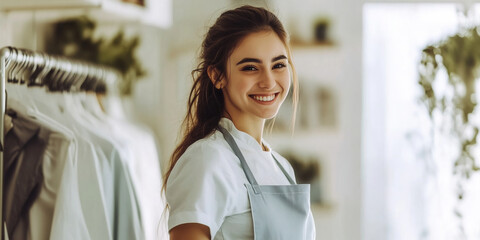 Young tailor in their shop working on a garment with measuring tape around their neck and a gentle smile, in bright white modern interior.