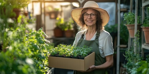 Beautiful mature lady working in the greenhouse. Landscape designer at work. Smiling elderly woman gardener holding a box of seedlings on spring day. Hobby in retirement.