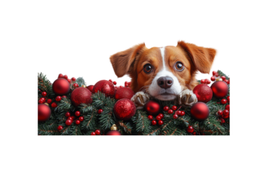 Festive Canine Greeting: A charming dog peeks out, surrounded by vibrant holiday ornaments, adding a touch of cheer to the winter season.