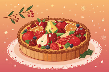 Showcasing Fruit Tart Decorated For Christmas Bold Dynamic High-Quality Stock Image
