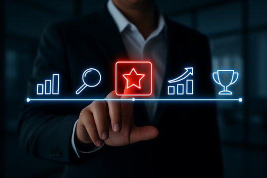 Hand of businessman touching glowing star icon in virtual screen with charts magnifying glass and trophy concept for business excellence high quality rating and achievement reward