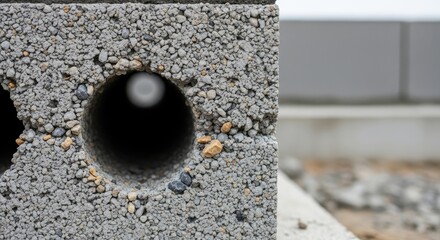 Close-up of a concrete block with large circular holes. Textured gray surface is speckled with small stones. Blurred background shows another block and a concrete edge. Construction, detail