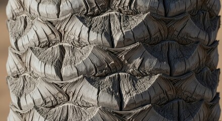 Close-up of a palm tree trunk showcasing its textured bark. The rough, geometric patterns create a visually striking design, highlighting the natural beauty of the tree. Strong shadows accent details