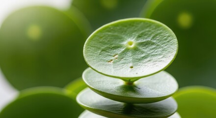 A macro shot highlights a stack of vibrant green, coin-shaped leaves. Focus is sharp on the central leaves, blurring the background. Details reveal textures and imperfections