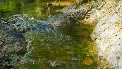 Calm River Water and Wet Dark Stones in Nature