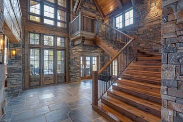 Modern Entrance Hall: Wooden Staircase with Stone Cladding Wall - Rustic Home Interior Design, Doorway Scene Image
