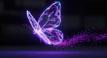 A digital butterfly constructed of geometric shapes, glowing purple, with trailing particles