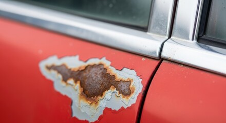 Close-up of car door showing extensive rust damage. Red paint peeling off, revealing corroded metal. Chrome trim surrounds the affected area, highlighting the contrast. 