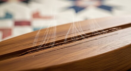 Close-up of a wooden object, possibly a board, with a carved channel and emanating vapor. A colorful pattern sits in the background, out of focus. Lighting highlights texture