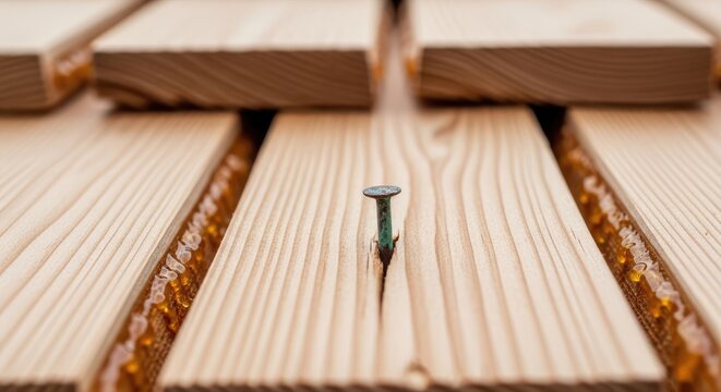Close-up of wooden planks joined with adhesive, a single rusty nail prominently placed. The grain details are visible. Selective focus. Natural light