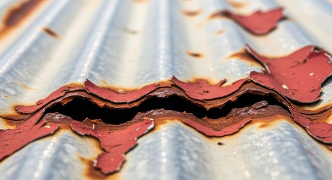 Close-up of aged, corrugated metal with peeling red paint, revealing rust and weathering. The textured surface shows deterioration and a glimpse of an open crevice