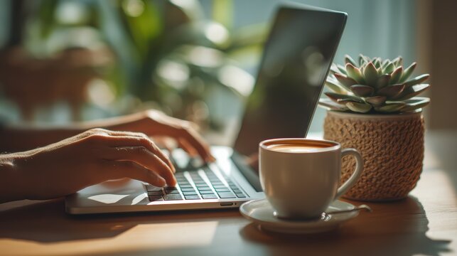 Hands typing on laptop with cup of coffee and succulent plant on desk blurred background for productivity remote learning concept working from home digital education and professional workspace.