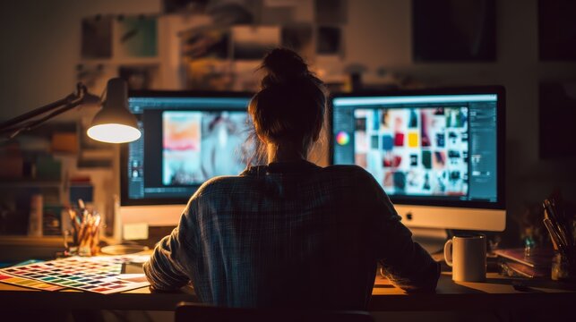 Freelance graphic designer working late evening at minimalist desk, dual monitors with design projects, perfect for remote work flexibility and creative freelancing concept. - Powered by Adobe