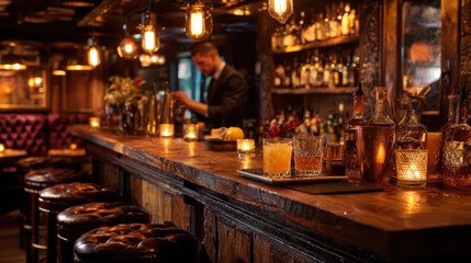 Cozy intimate bar interior with wooden counter and craft cocktails in elegant glassware featuring dim Edison lighting for relaxed nightlife and leisure.