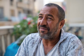 Middle-aged man enjoys outdoor conversation on a balcony in a vibrant neighborhood during the afternoon