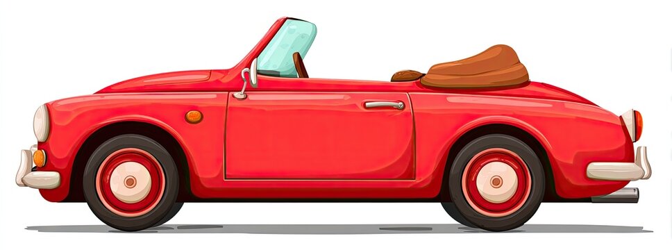 A vibrant red cartoon convertible car. Side view showcases details wheels, lights, and open roof design. Perfect for transportation themed projects