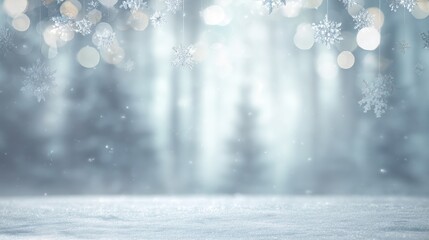 Abstract blurred background with snow, bokeh lights, pastel blue colors, white fluffy clouds, pine tree branches and ice crystals. Ideal for Christmas card or New Year poster design with copy space.