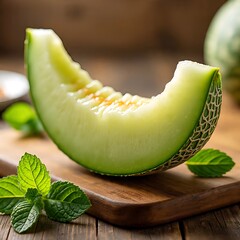 Close-Up of Green Honeydew Slice with Fresh Mint Leaves