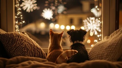 New Year's Eve fireworks through a cozy living room window with a cat and dog watching in wonder