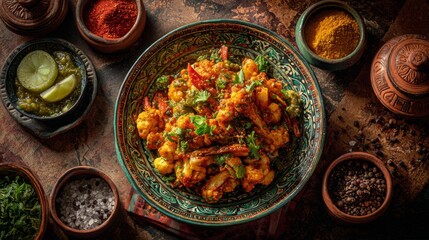 Vibrant Bowl of Spicy Cauliflower and Shrimp Dish Surrounded by Fresh Ingredients and Spices on a Rustic Wooden Table